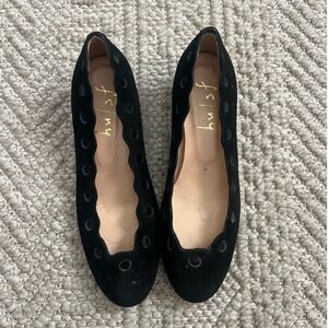 French Sole NY Black Suede Scalloped Grommet Wedge Heels Made in Spain 7B